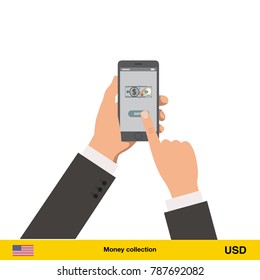 Mobile banking concept. Dollar banknote. Transferring Money vector illustration