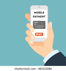 Concepto de banca móvil. Fácil transacción con banca móvil. Tarjeta de crédito en smartphone. Pago a través de Internet. Mano sosteniendo el gadget.