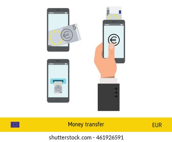 Mobile banking concept. Euro banknote. Transferring Money vector illustration