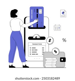 Mobile banking concept. Сurrency exchange in a virtual wallet. Woman makes financial transactions and manages account and digital wallet in app. Vector illustration with line people for web design.