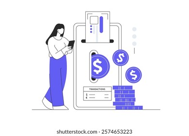 Mobile banking concept. Сurrency exchange in a virtual wallet. Woman makes financial transactions and manages account and digital wallet in application. Flat Cartoon Vector Illustration, icon. Stylish