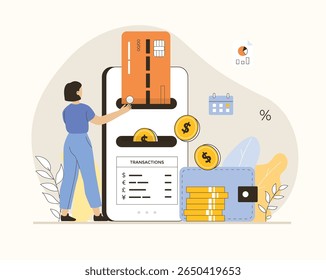 Mobile banking concept. Сurrency exchange in a virtual wallet. Woman makes financial transactions and manages account and digital wallet in application. Flat vector illustration.	

