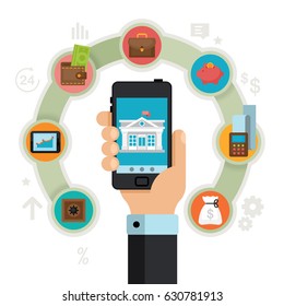 Mobile banking concept. Finance operations, payment, credit cards, wallet and cash money icons. Flat style vector illustration