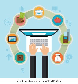 Mobile banking concept. Finance operations, payment, credit cards, wallet and cash money icons. Flat style vector illustration