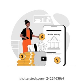 Concepto de banca móvil. Transacciones financieras, pagos, banca en línea, transferencias de dinero y cuentas bancarias. Ilustración con la escena de personas en diseño plano para el desarrollo de sitios web y móviles.