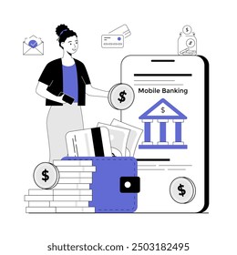 Mobile banking concept. Financial transactions, payments, online banking, money transfers, and bank account. Vector illustration with line people for web design.	