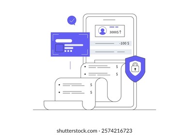 Mobile banking concept. Financial transactions online. Making protected payment with smartphone app. Flat Cartoon Vector Illustration, icon. Stylish abstract 