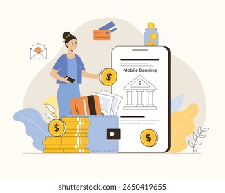 Mobile banking concept. Financial transactions, payments, online banking, money transfers, and bank account. Flat vector illustration.	
