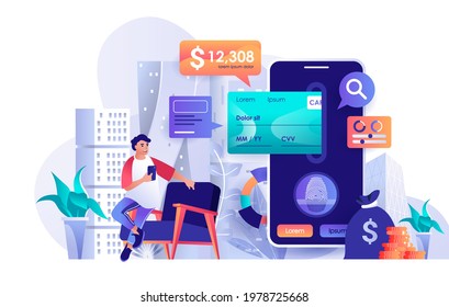 Mobile banking concept in flat design. Online financial accounting scene template. Man uses mobile application for bank operations and transactions. Vector illustration of people characters activities