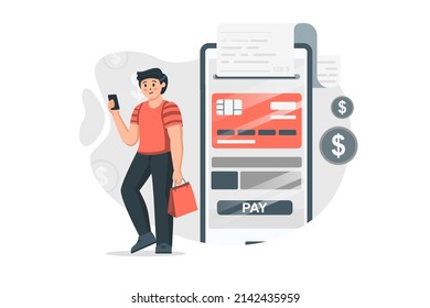 Mobile Banking-Konzept in flachem Design. Man verwaltet sein Finanzkonto in mobilen Anwendungen, bezahlt Rechnungen und Käufe mit Online-Kreditkarten. Vektorgrafik mit Menschen-Szene für Web