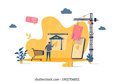 El concepto de banca móvil en un estilo plano. El hombre realiza pagos desde la escena de aplicaciones de banca móvil. Aplicación web para gestión financiera, pago en línea. Ilustración vectorial con personajes de personas en situación.