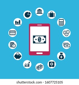 Mobile banking concept. Flat stylish icon design with blue background