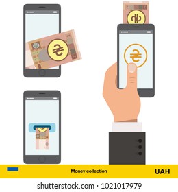 Mobile banking concept.  hryvnia banknote. Transferring Money vector illustration
