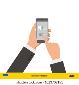 Mobile banking concept.  hryvnia banknote. Transferring Money vector illustration