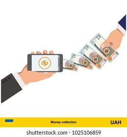 Mobile banking concept.  hryvnia banknote. Transferring Money vector illustration