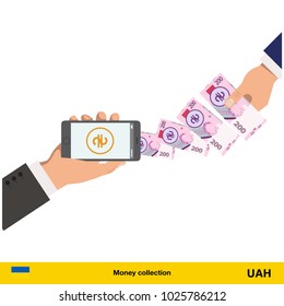 Mobile banking concept.  hryvnia banknote. Transferring Money vector illustration