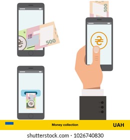 Mobile banking concept. Hryvnia banknote. Transferring Money vector illustration