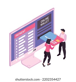 Mobile banking concept icon with two characters using online wallet 3d isometric vector illustration