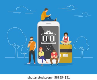 Mobile banking concept illustration of people using app for money transfering, accounting and online banking. Flat men and women standing near big smartphone with credit card and bank icon on screen