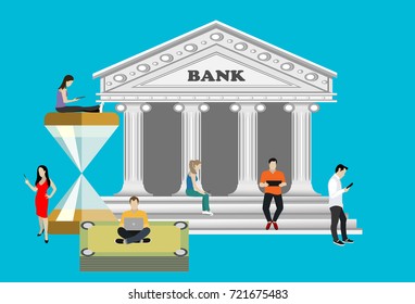 Mobile banking concept illustration of people using laptop and mobile smart phone for online banking and accounting. Flat men and women near big gadgets with credit cards and bank symbols