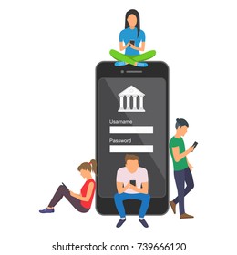 Mobile banking concept illustration of people using app for money transfering and online banking