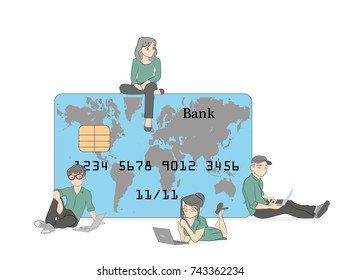 Mobile banking concept illustration of people standing near credit cards and using mobile smart phone for online banking and accounting. Flat men and women with credit cards and bank money symbols