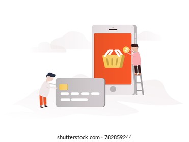 Mobile banking concept illustration of people using smart phone for online banking.