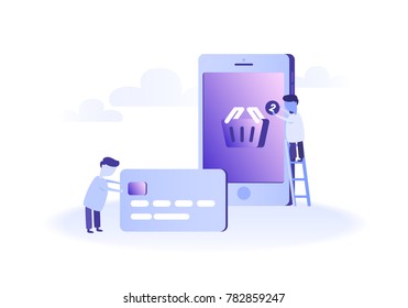 Mobile banking concept illustration of people using smart phone for online banking.