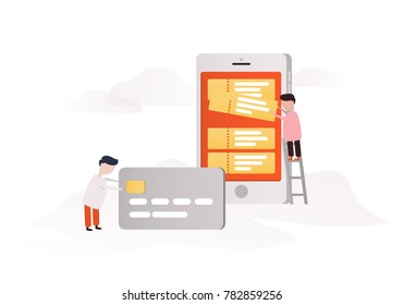 Mobile banking concept illustration of people using smart phone for online banking.