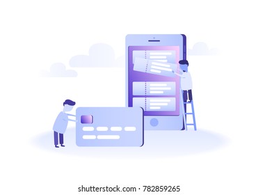 Mobile banking concept illustration of people using smart phone for online banking.