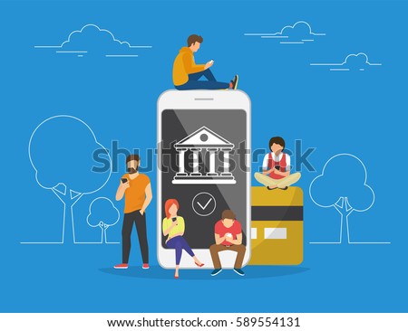 Mobile banking concept illustration of people using app for money transfering, accounting and online banking. Flat men and women standing near big smartphone with credit card and bank icon on screen