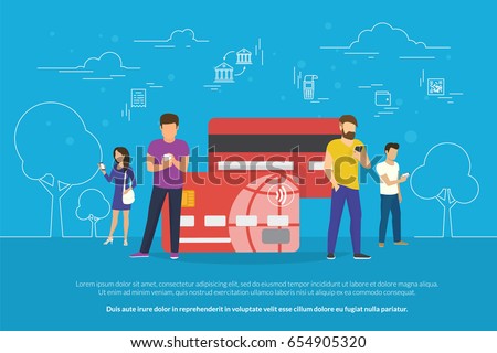 Mobile banking concept illustration of people standing near credit cards and using mobile smart phone for online banking and accounting. Flat men and women with credit cards and bank money symbols