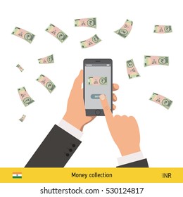 Mobile banking concept. Indian Rupee banknote. Transferring Money vector illustration