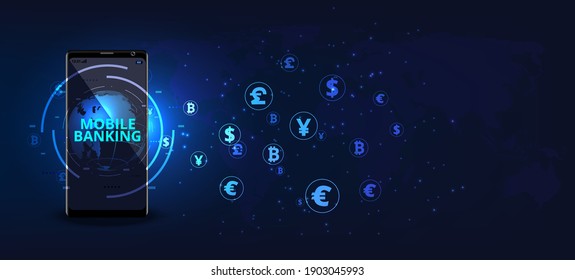 Mobile banking Concept  and International currency exchange.Global Currency.Money transfer and money transaction.Vector illustration.