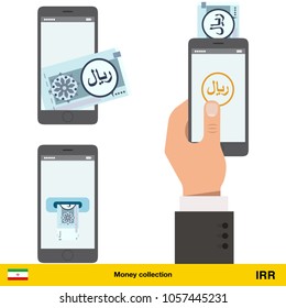 Mobile banking concept. Iranian rial banknote. Transferring Money vector illustration

