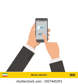 Mobile banking concept. Iranian rial banknote. Transferring Money vector illustration

