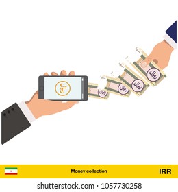 Mobile banking concept. Iranian rial banknote. Transferring Money vector illustration