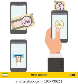 Mobile banking concept. Iranian rial banknote. Transferring Money vector illustration