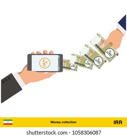 Mobile banking concept. Iranian rial banknote. Transferring Money vector illustration

