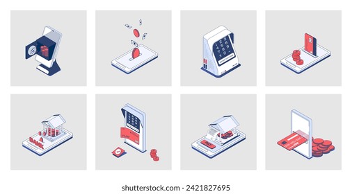 Mobile banking concept of isometric icons in 3d isometry design for web. Online payment, saving money in bank safe, financial management in app, electronic wallet transactions. Vector illustration