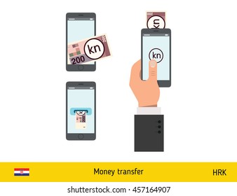 Mobile banking concept. Kuna banknote. Transferring Money vector illustration