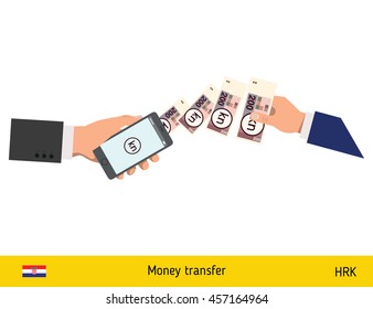 Mobile banking concept. Kuna banknote. Transferring Money vector illustration