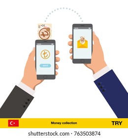 Mobile banking concept. lira banknote. Transferring Money vector illustration
