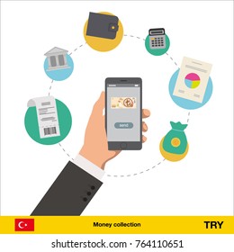 Mobile banking concept. lira banknote. Transferring Money vector illustration