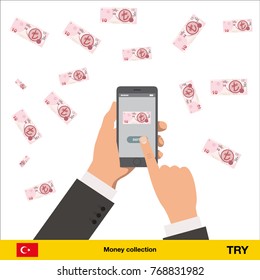 Mobile banking concept. lira  banknote. Transferring Money vector illustration
