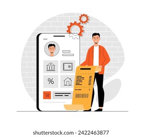 Mobile banking concept. Man with financial account, banking services in smartphone app. Personal finances management. Illustration with people scene in flat design for website and mobile development.