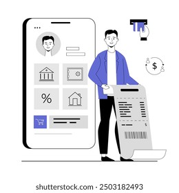 Mobile banking concept. Man with financial account, banking services in smartphone app. Personal finances management. Vector illustration with line people for web design.	
