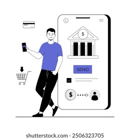 Mobile banking concept. Man makes online payment and doing transaction in phone bank application. Vector illustration with line people for web design.	
