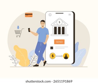 Concepto de banca móvil. El hombre hace el pago en línea y hace la transacción en la aplicación del banco del teléfono. Ilustración vectorial plana.	
