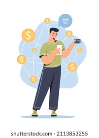 Mobile Banking Konzept. Der Mensch zahlt für Einkäufe im Online-Shop. Kartenzahlungen und bargeldlose Überweisungen. Globalisierung und moderne Technologien. Junge Junge im Internet-Shop oder Geschäft. Cartoon-Flavektor-Vektorgrafik